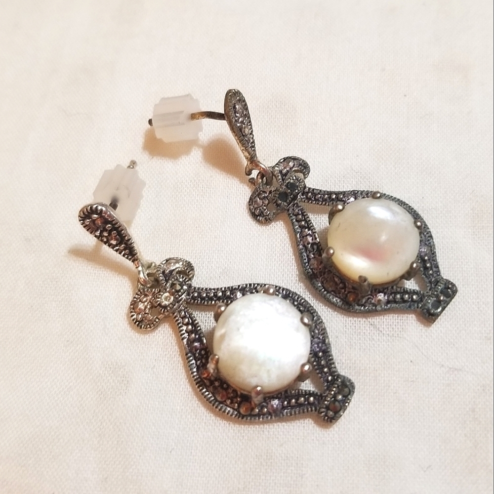 1920S Art Deco Mother of Pearl Marcasite Sterling Earrings - Picture 6 of 6
